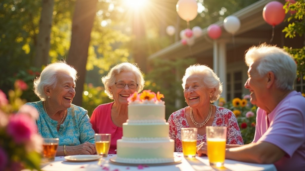 Seniors celebrating a special occasion outdoors, enjoying cake and drinks, surrounded by flowers and balloons, highlighting community and personalized care at Amelia Grace Assisted Living.